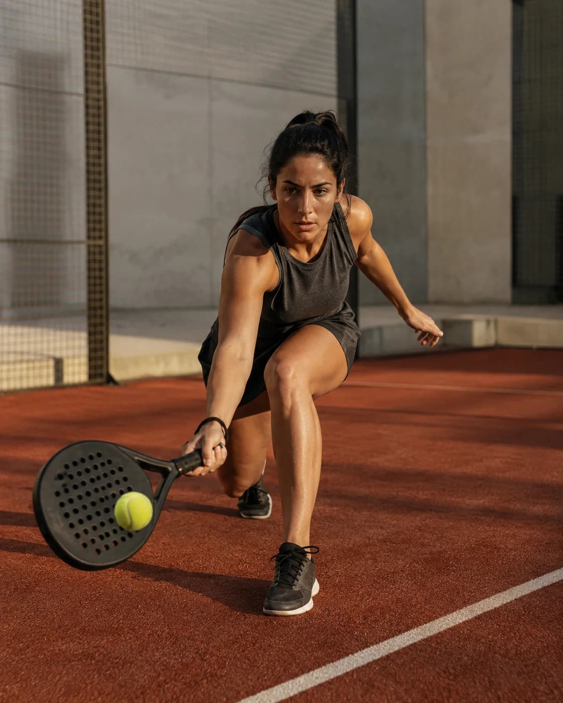 A padel player reaching for a low return on a red court